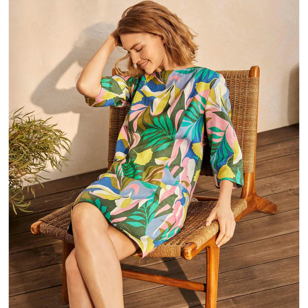 Boden Laurie Linen Dress Plum Blossom Tropical Flora Green Blue Women's Size 12